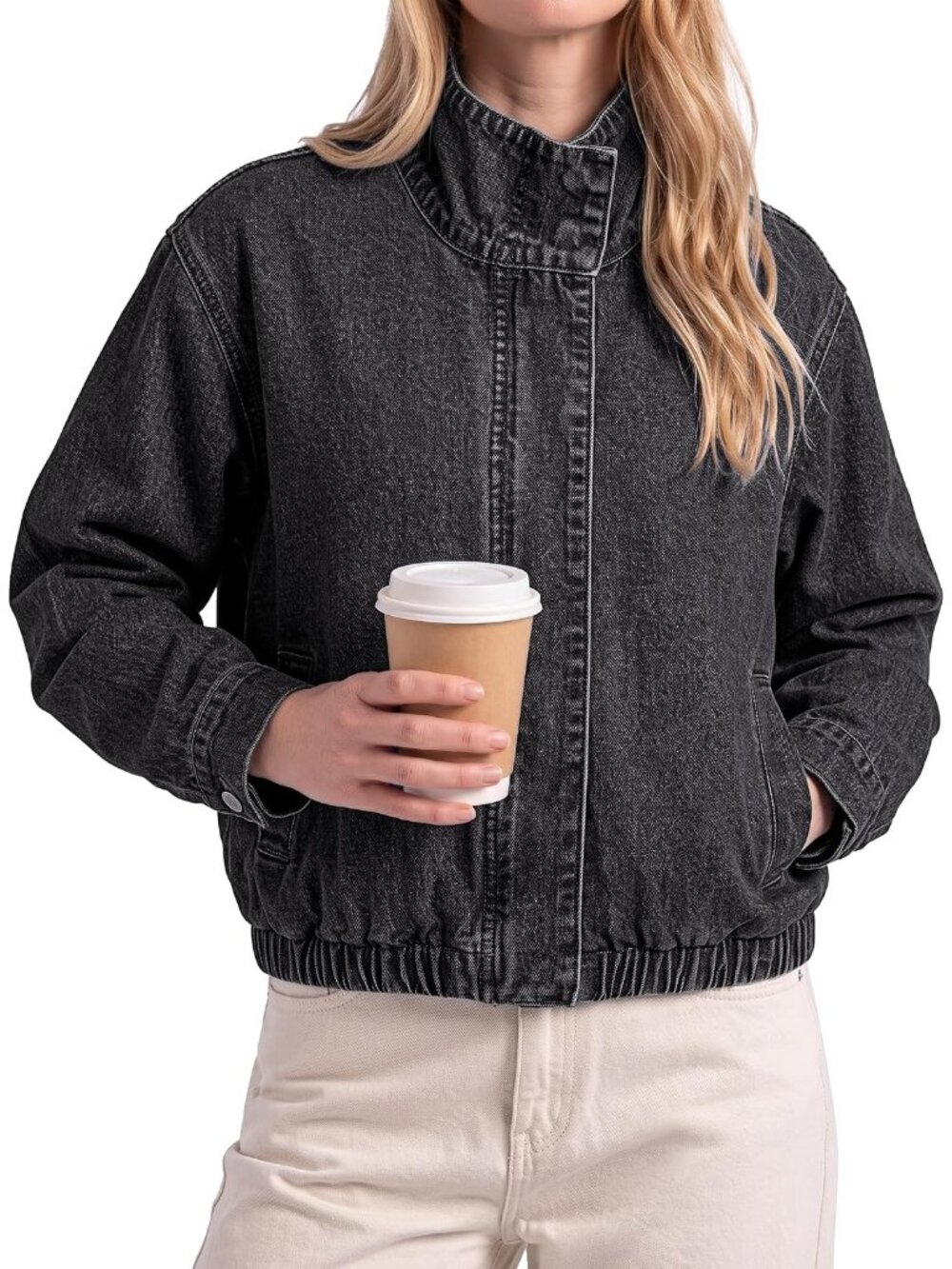 Women Black Funnel Neck Zip Up Oversized Side Slant Pockets Drop Shoulder Jacket